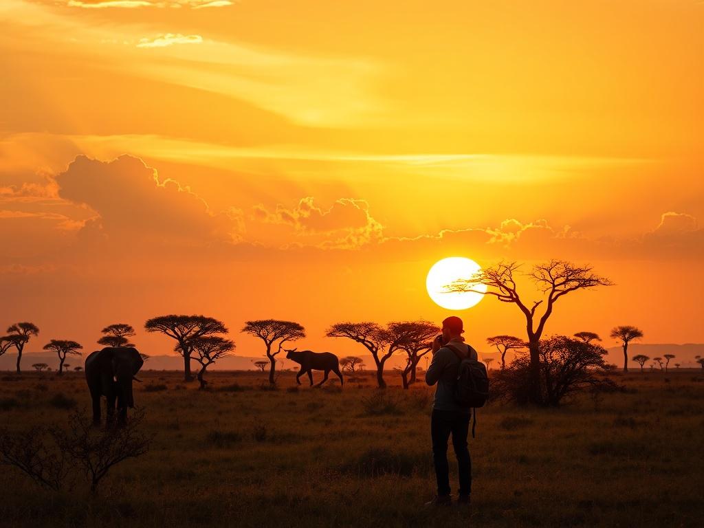 A serene landscape showcasing the diverse beauty of Africa, featuring a majestic sunset over a savannah with acacia trees silhouetted against the sky. In the foreground, a traveler stands in awe, capturing the moment with a camera. The warm golden hues of the sunset create a cozy atmosphere, inviting viewers to explore the rich culture and natural wonders of the continent.