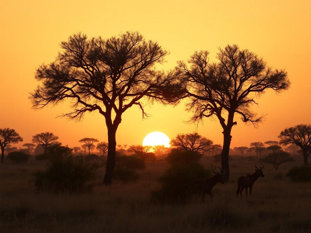 A realistic high-resolution photo of a serene African landscape, featuring golden hues and soft lighting. The scene should depict a tranquil sunset over an African savannah, with acacia trees silhouetted against the warm sky. The atmosphere should evoke a sense of peace and adventure, inviting viewers to explore the wonders of Africa.