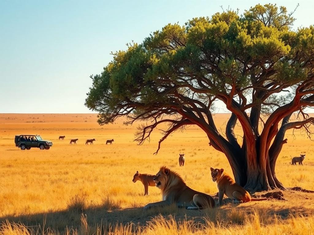 A vibrant scene from a safari in Kenya, showcasing a pride of lions resting under a large acacia tree. The golden savannah stretches into the distance, with a clear blue sky above. A jeep with tourists can be seen at a distance, emphasizing the connection between humans and nature in this majestic landscape.
