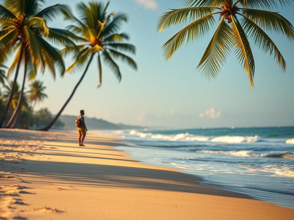 A serene beach in Côte d'Ivoire, with soft golden light illuminating the sand and gentle waves. In the background, lush green palm trees sway in a calm breeze, creating a peaceful atmosphere. The focus is on a lone traveler enjoying the tranquility, reflecting a sense of adventure and exploration.