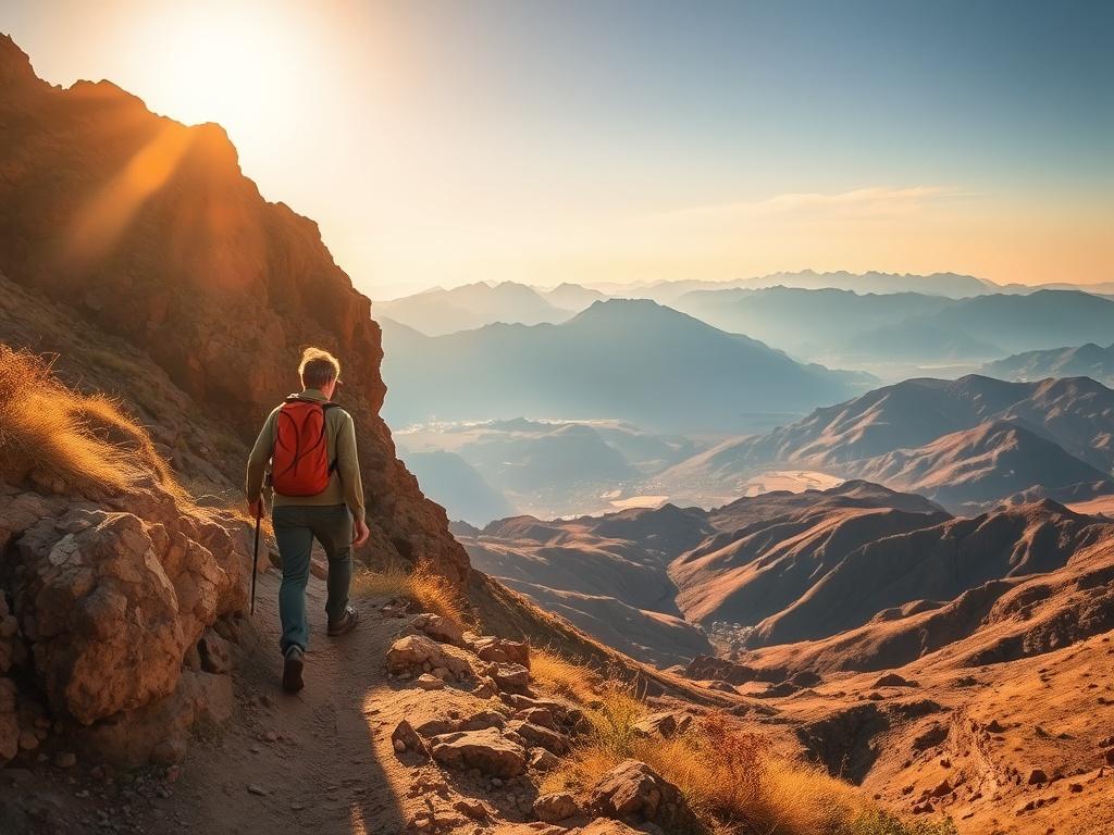 The stunning Atlas Mountains in Morocco, with golden hues from the setting sun. A traveler is seen hiking along a rugged trail, surrounded by breathtaking views of the mountains and valleys below. The image conveys a sense of adventure and exploration, with a serene and inviting atmosphere.