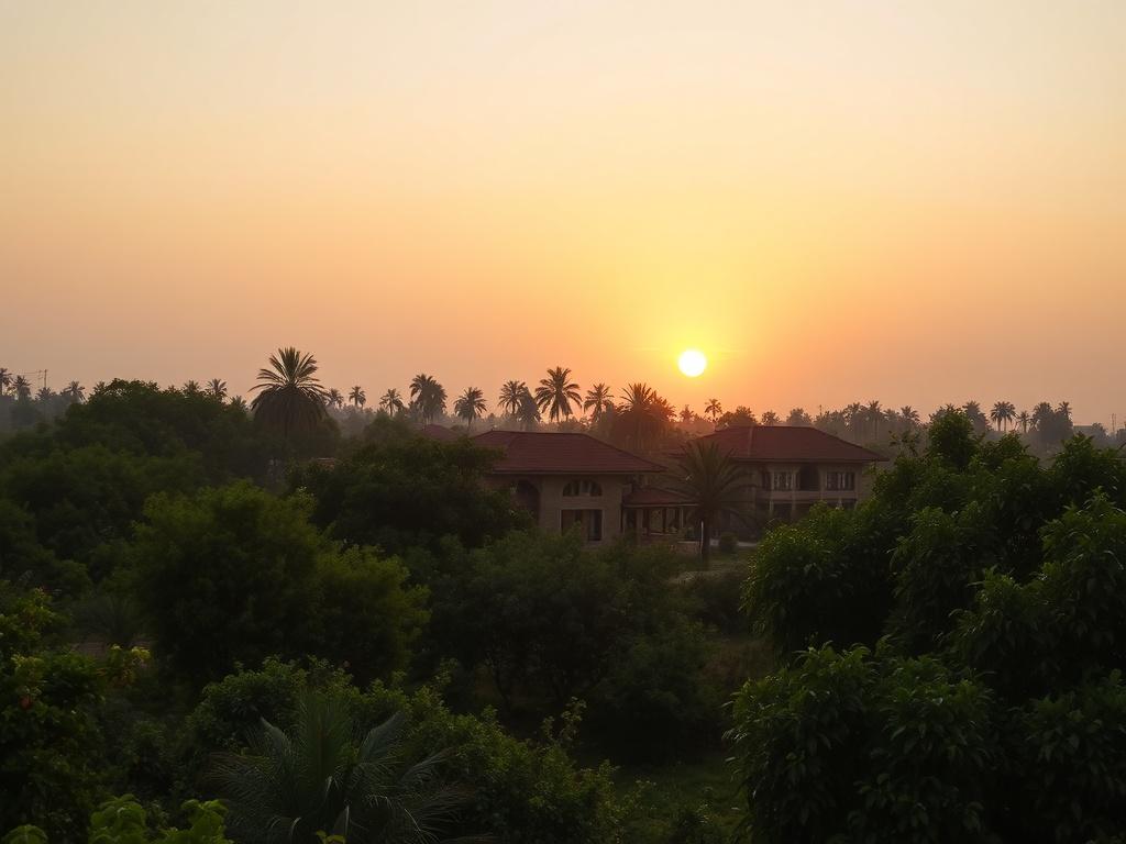 A serene landscape of Côte d'Ivoire featuring lush greenery, traditional Ivorian architecture in the background, and a warm sunset casting golden hues over the scene.