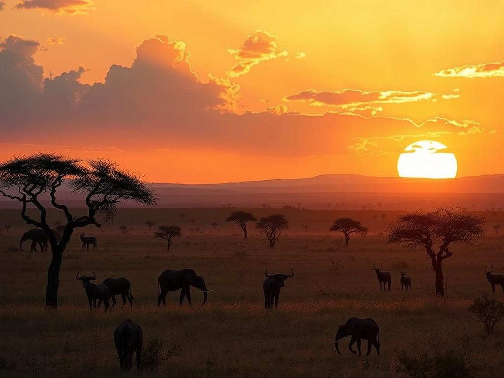 A serene landscape showcasing the breathtaking natural beauty of Africa, featuring a vibrant sunset over a savannah with silhouettes of acacia trees and wildlife in the foreground. The atmosphere should evoke a sense of adventure and tranquility, with warm golden hues and soft lighting highlighting the beauty of the scene.