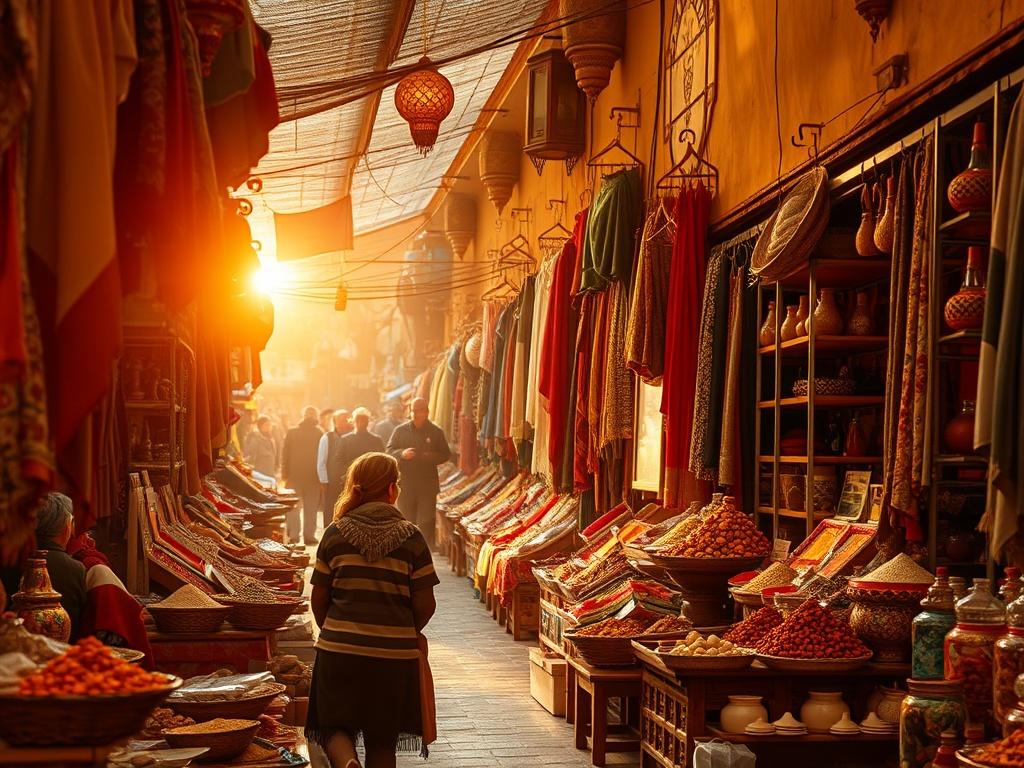 A vibrant scene of a Moroccan souk bustling with colorful spices, textiles, and local artisans. The warm glow of the sun filters through the market, highlighting the intricate designs and lively atmosphere, inviting travelers to experience the Moroccan culture.