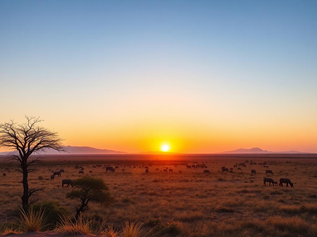 A breathtaking view of the Kenyan savannah at sunrise, with wildlife in the distance and a clear blue sky, embodying the spirit of adventure.