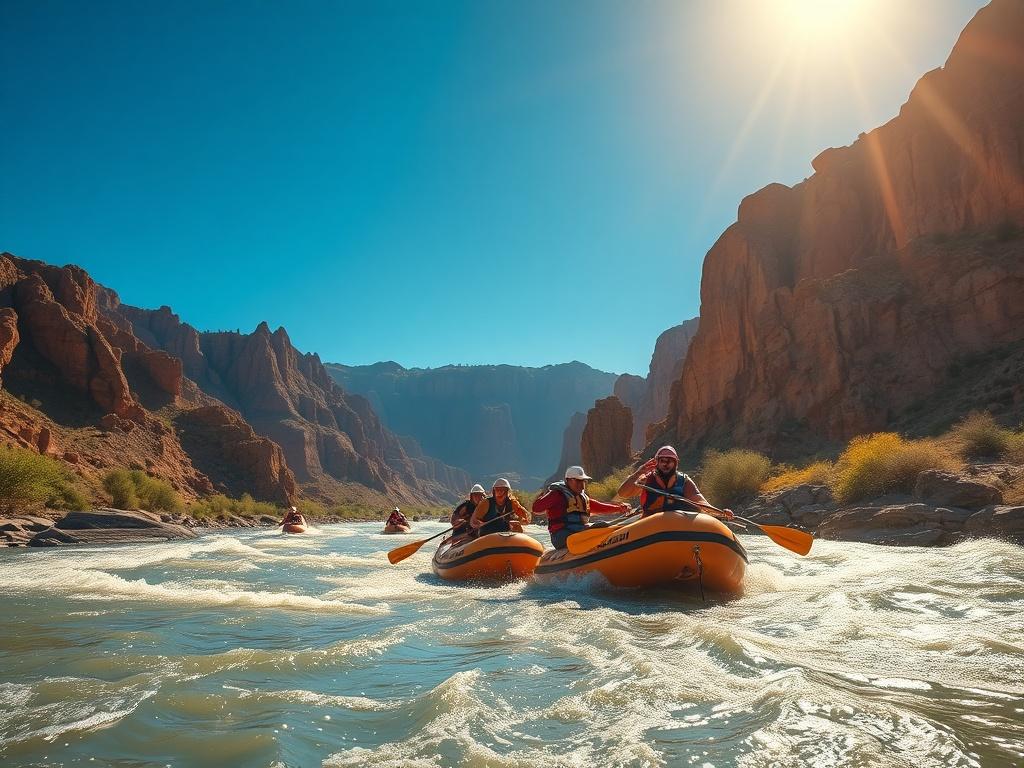 An exhilarating scene of adventure sports in Africa, showcasing a group of thrill-seekers rafting down a wild river with stunning cliffs in the background. The image should convey excitement and energy, featuring a bright blue sky and vibrant colors that capture the essence of adventure in the African wilderness.