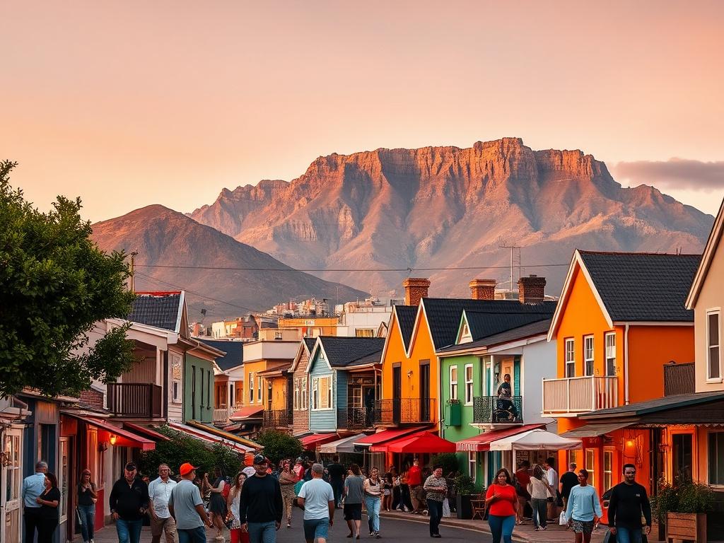 A vibrant scene from Cape Town, showcasing Table Mountain in the background, with colorful houses in the foreground and people enjoying the lively atmosphere.