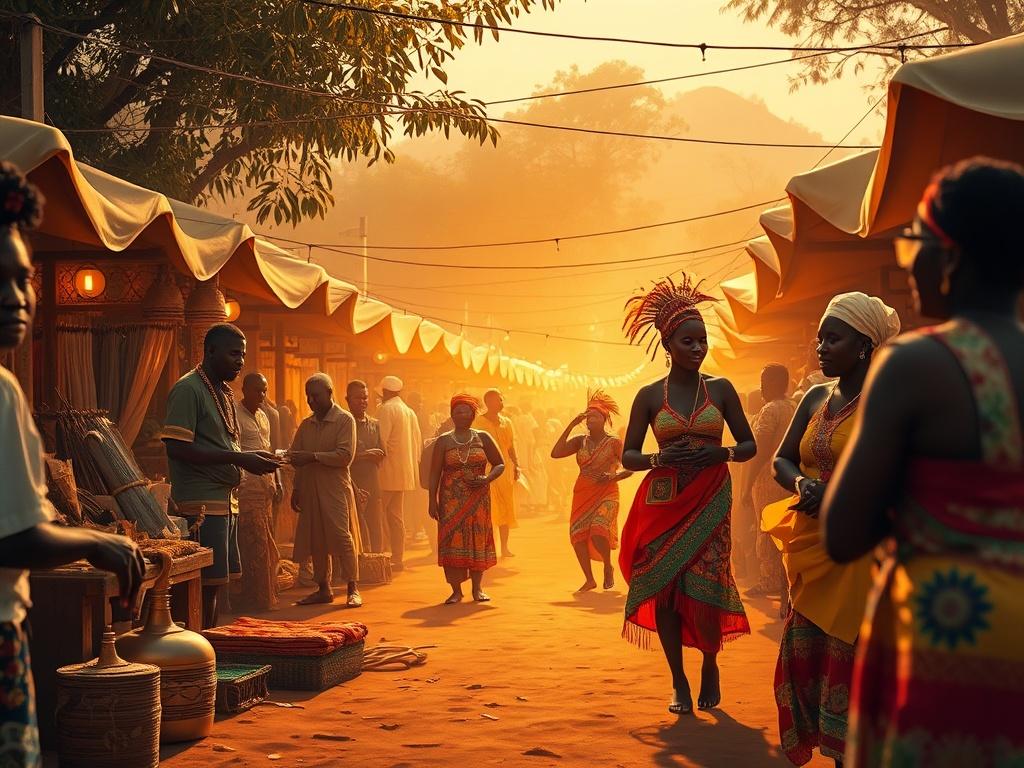 A vibrant scene depicting a cultural festival in Africa, featuring local artisans showcasing their crafts, traditional dancers in colorful attire, and a lively crowd enjoying the festivities. The warm, inviting atmosphere is enhanced by soft lighting and golden hues, capturing the essence of African culture and community.