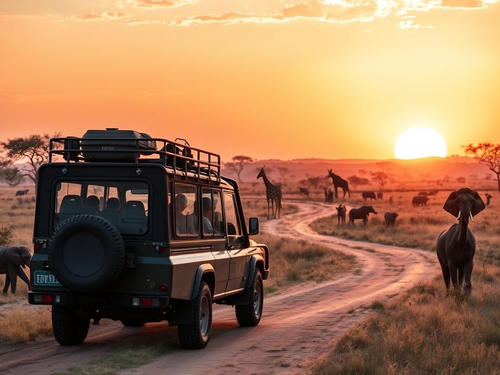 An exhilarating view of a Kenyan safari with a jeep navigating through the savannah, surrounded by wildlife such as lions, elephants, and giraffes. The sun sets in the background, casting a beautiful glow over the landscape, symbolizing the adventure that awaits.