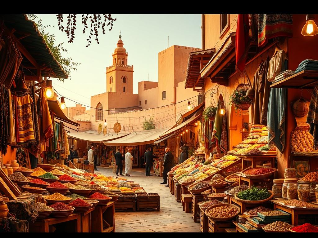A vibrant market scene in Marrakech, Morocco, filled with colorful textiles and spices, with a backdrop of traditional Moroccan architecture, exuding a rich cultural atmosphere.