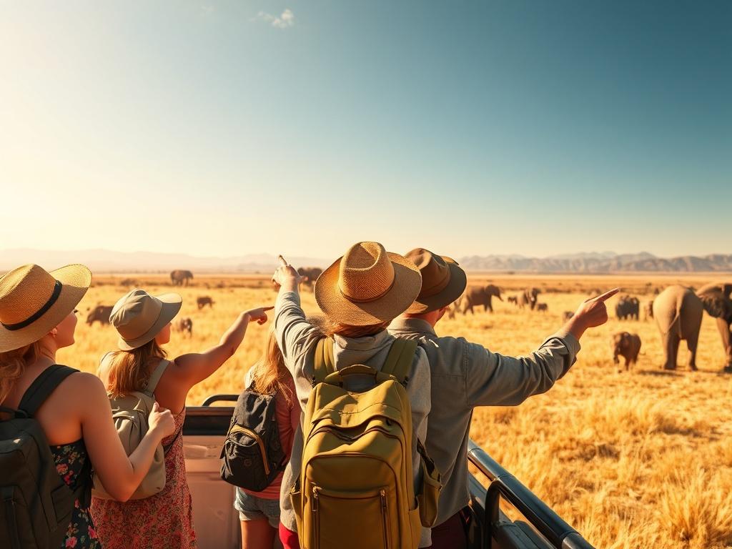 An adventurous scene with a group of travelers on a safari in Africa, observing wildlife in a national park. The landscape is vast and beautiful, with acacia trees and distant mountains. The travelers are excitedly pointing at animals like elephants and lions. The lighting is bright and cheerful, capturing the thrill of adventure.
