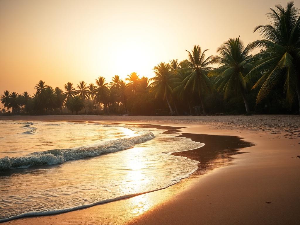 A serene beach in Grand-Bassam, Côte d'Ivoire, with soft golden hues, gentle waves lapping at the shore, and lush green palm trees in the background, creating a tranquil atmosphere.