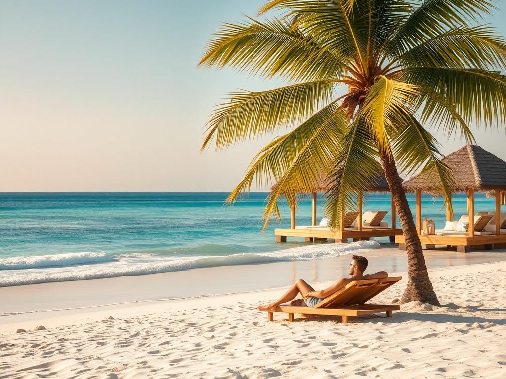 A serene beach scene in Africa, with soft white sand and crystal-clear blue waters. A couple is lounging under a palm tree, enjoying the sun. In the background, there are elegant beach huts and gentle waves. The lighting is soft and calming, evoking a sense of relaxation.