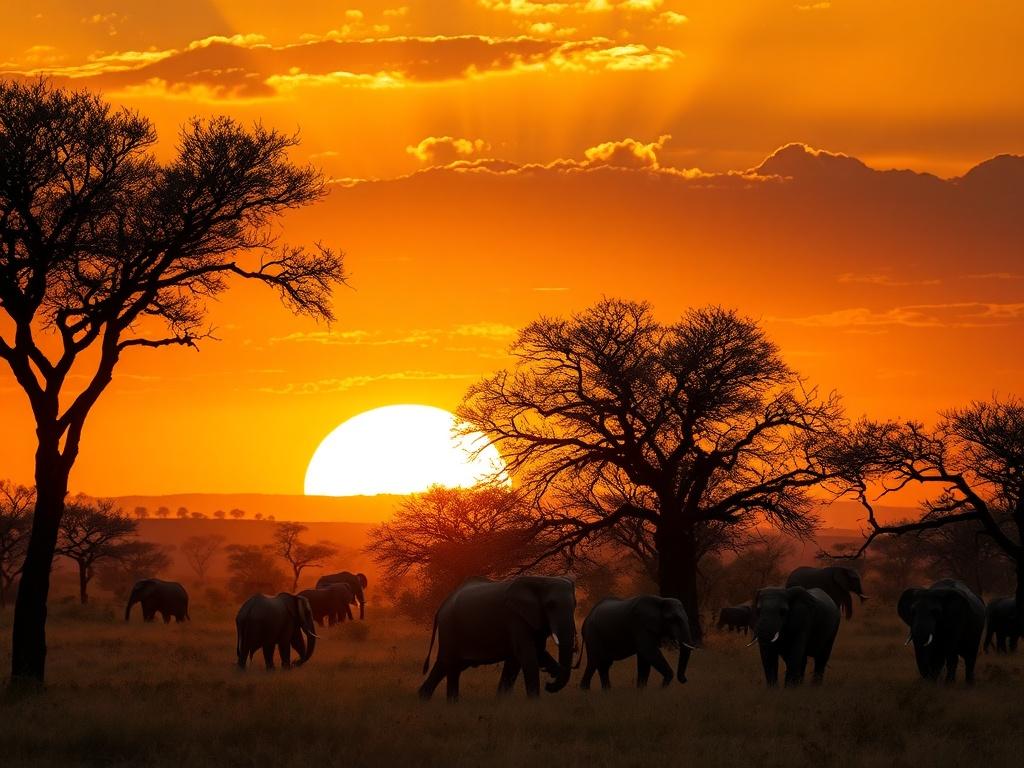 A stunning sunset over the savanna in Kenya, with silhouettes of acacia trees and a herd of elephants roaming in the foreground, radiating adventure and wild beauty.