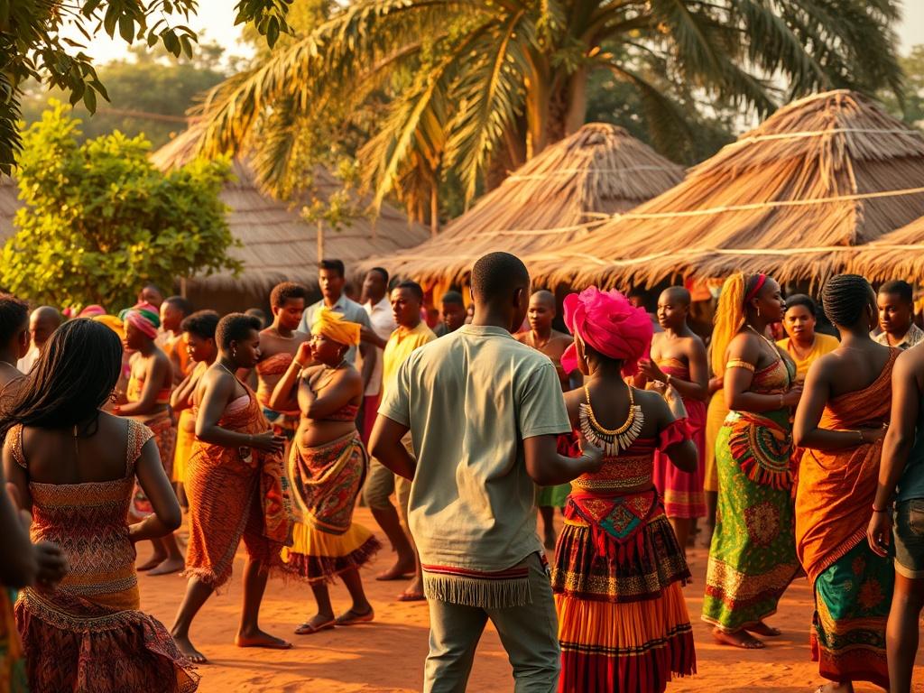 A vibrant cultural festival in Africa, showcasing traditional dances and colorful costumes. The setting is lively, with people engaging in cultural activities. The background features traditional African huts and lush greenery, capturing the essence of African culture. The lighting is soft and warm, creating an inviting atmosphere.