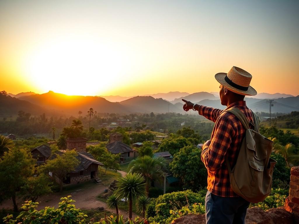 A stunning view of a traditional Ivorian village surrounded by lush greenery and mountains, with a sunset casting a warm golden hue over the scene. A local guide stands in the foreground, pointing towards the landscape, inviting travelers to explore the beauty of Côte d'Ivoire.
