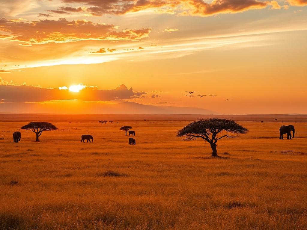 A breathtaking view of the Maasai Mara in Kenya during sunset, with golden grasslands stretching out under a vibrant sky. Silhouettes of acacia trees dot the landscape, and a herd of elephants can be seen grazing peacefully in the distance. The atmosphere is tranquil and majestic, capturing the essence of the African wilderness.