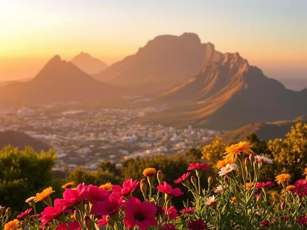 A stunning view of Table Mountain in Cape Town, South Africa, with the city nestled at its base. The sky is clear with soft golden light illuminating the scene. In the foreground, colorful flowers bloom in a lush garden, adding vibrancy to the serene landscape. The atmosphere is inviting and picturesque, embodying the beauty of South Africa.