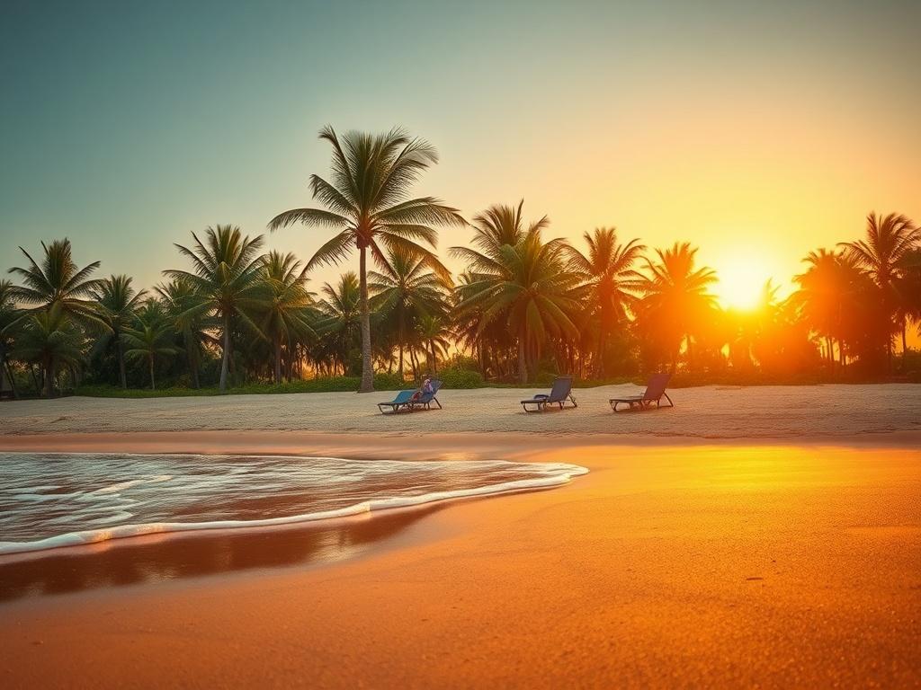 A serene beach scene in Côte d'Ivoire with golden sand and soft waves lapping at the shore. In the background, lush green palm trees sway gently in the breeze under a soft sunset light. The atmosphere is calm and inviting, with warm golden hues illuminating the scene.