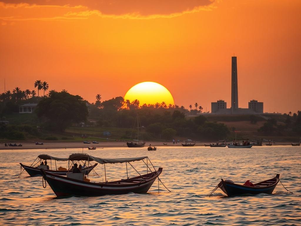 A stunning high-resolution photograph showcasing the beautiful landscapes of Senegal, featuring a vibrant sunset over the coastline, with traditional fishing boats in the foreground. The background includes lush greenery and iconic landmarks such as the African Renaissance Monument, all bathed in warm golden hues and soft lighting that creates a serene atmosphere.