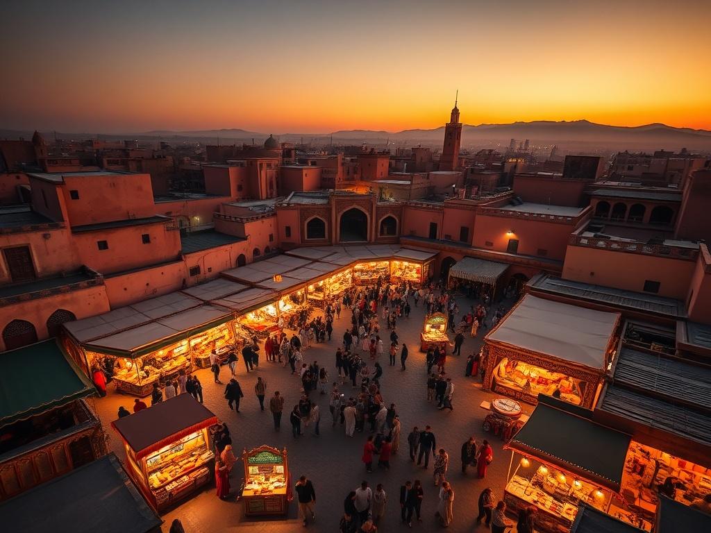 **AI Image Generation Prompt:**

Create a realistic high-resolution photo that captures the essence of the blog titled "10 incontournables du Maroc entre désert et médinas." 

**Composition Details:**
- The image should focus on a single subject: an aerial view of Jemaa el-Fna square in Marrakech at dusk.
- The view should showcase the vibrant activity of the square, filled with people, food stalls, and traditional Moroccan architecture.
- The dusk lighting should cast a warm golden hue over the scene, enha