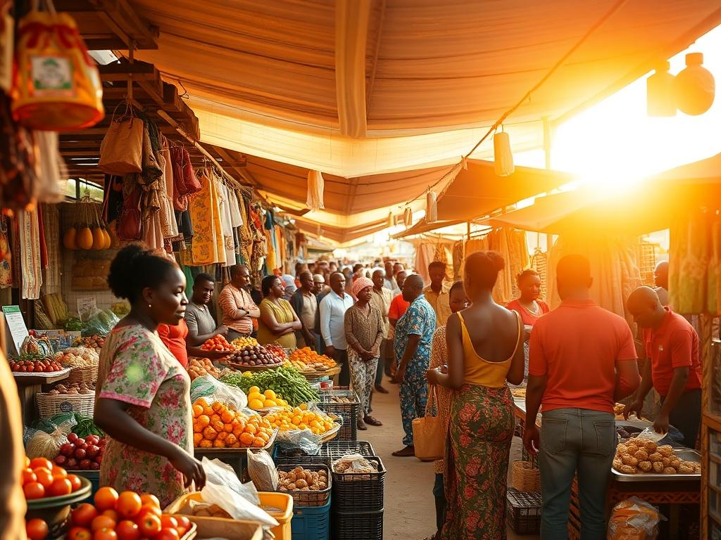 A vibrant market scene in Treichville, Côte d'Ivoire. The image captures a bustling marketplace filled with colorful stalls displaying fresh fruits, vegetables, and local crafts. People engage in lively conversations, showcasing the rich culture and community spirit of the area. The sun casts a warm glow over the scene, highlighting the vibrant colors and textures of the goods. The composition emphasizes the lively atmosphere, inviting viewers to immerse themselves in the local culture and experience the au