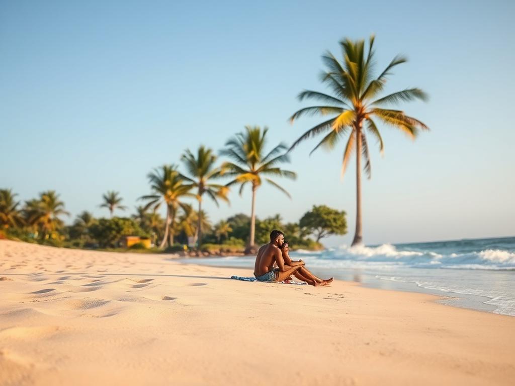 A serene beach scene at Assinie, Côte d'Ivoire. The image features soft golden sands with gentle waves lapping at the shore. In the background, lush palm trees sway under a clear blue sky. A couple enjoys the view, sitting on a beach towel, capturing the essence of tranquility and relaxation. The golden hues of sunset create a warm and inviting atmosphere, inviting viewers to explore this beautiful destination. The composition is simple, focusing on the beach and the couple, evoking a sense of peace and adv