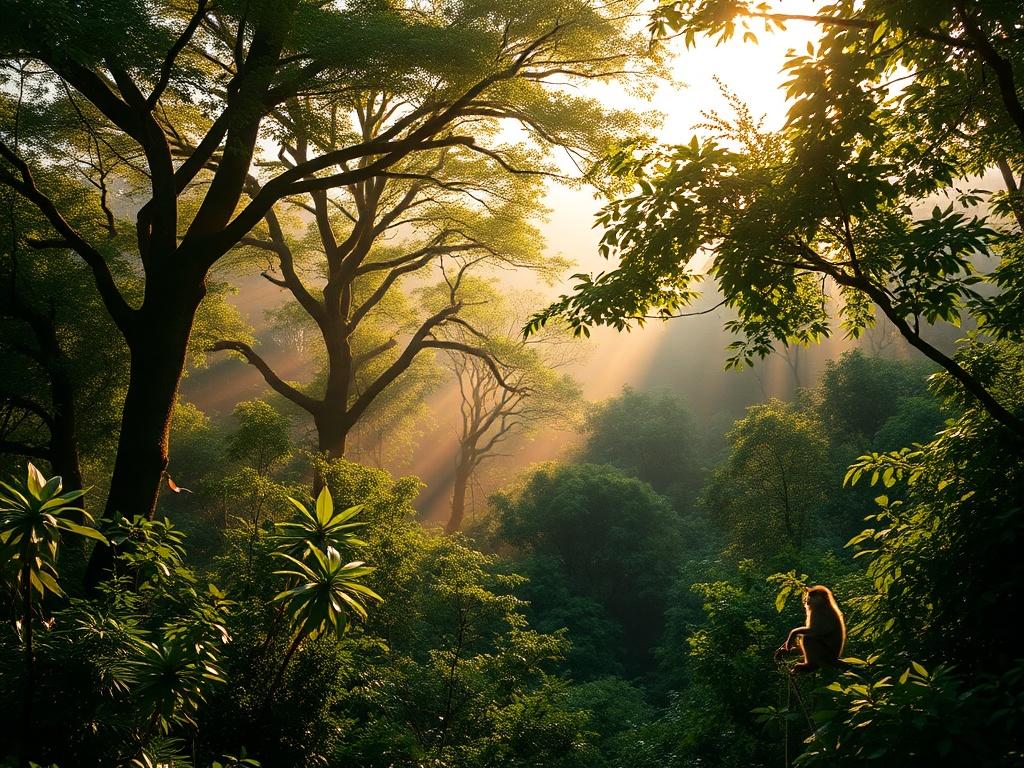 A stunning view of the lush greenery in the Taï National Park, Côte d'Ivoire. The image showcases towering trees and dense underbrush, with sunlight filtering through the leaves, creating a magical and serene atmosphere. Wildlife, such as monkeys or birds, can be subtly included in the background, representing the diverse fauna of the park. The composition emphasizes the natural beauty of this UNESCO World Heritage site, encouraging viewers to explore and appreciate the rich biodiversity and pristine landsc