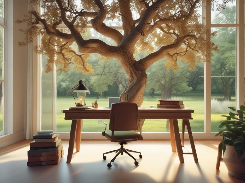 A serene study space with a single oak tree in