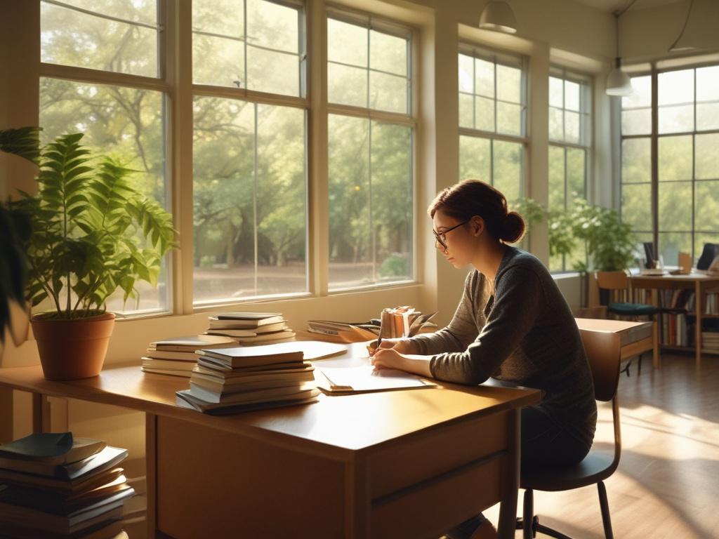 A peaceful academic environment featuring a student studying at a