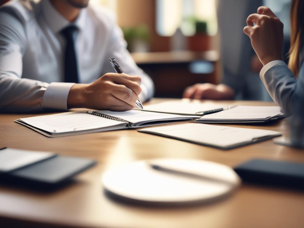A close-up shot of a hospitality professional consulting with a client in a modern office environment, featuring a well-organized desk with industry-related materials, soft lighting that creates an inviting atmosphere, and a background showcasing elements of hospitality such as a globe, brochures, and a laptop. The image should capture the essence of professionalism and expertise in the hospitality and tourism industry.