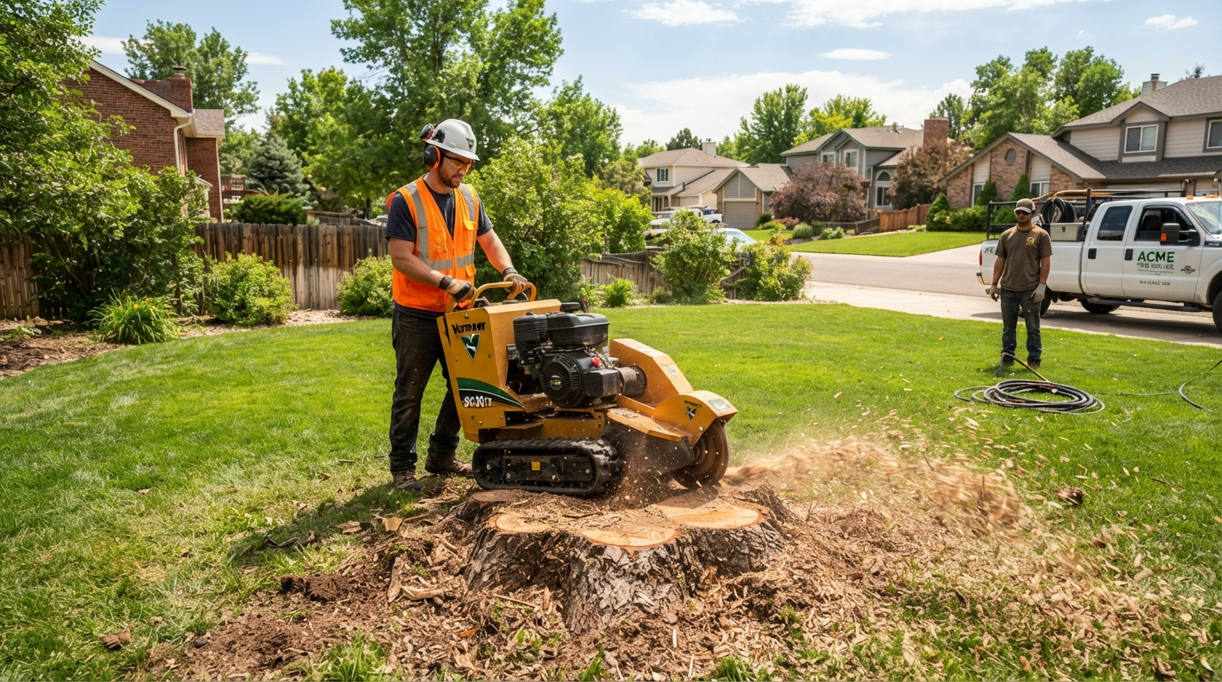 Stumpbusters crew grinding a tree stump in a sunny suburban backyard