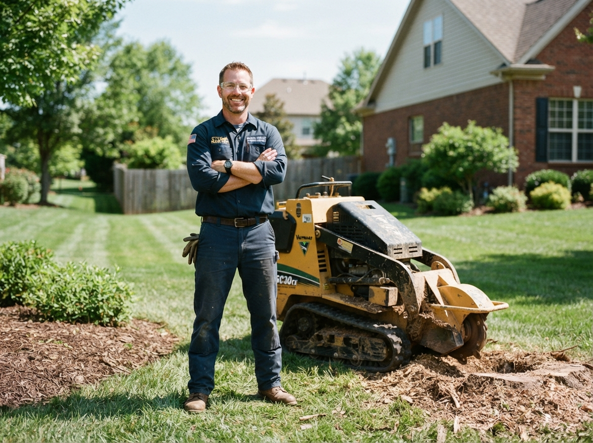 Stumpbusters operator standing beside a compact stump grinder