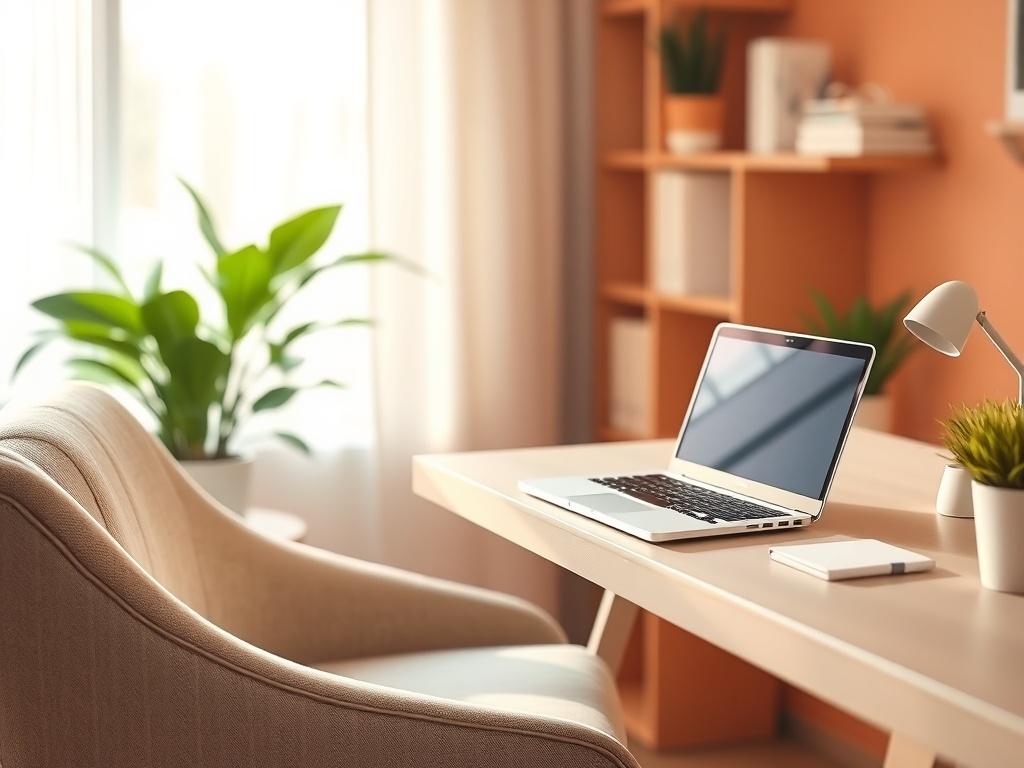 A serene home office setting with a calming atmosphere, featuring