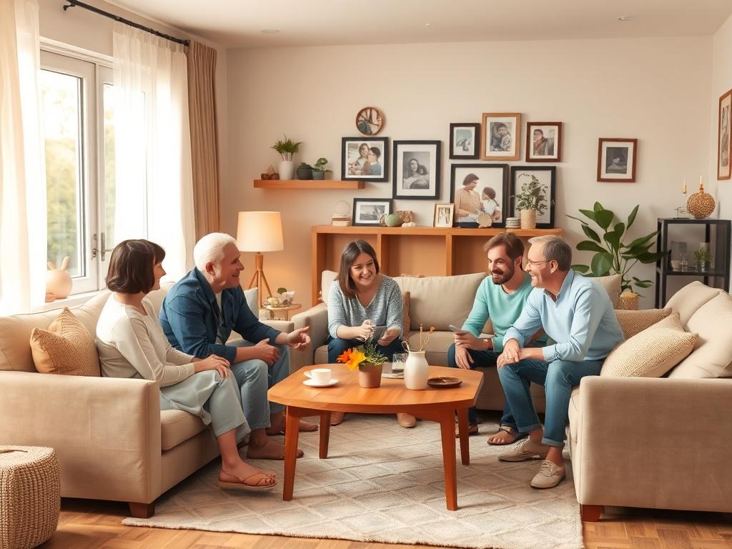 A warm family living room scene with family members gathered