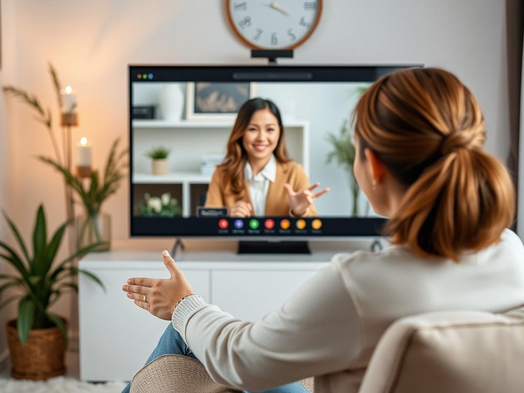 A woman participating in an online counseling session, displaying a