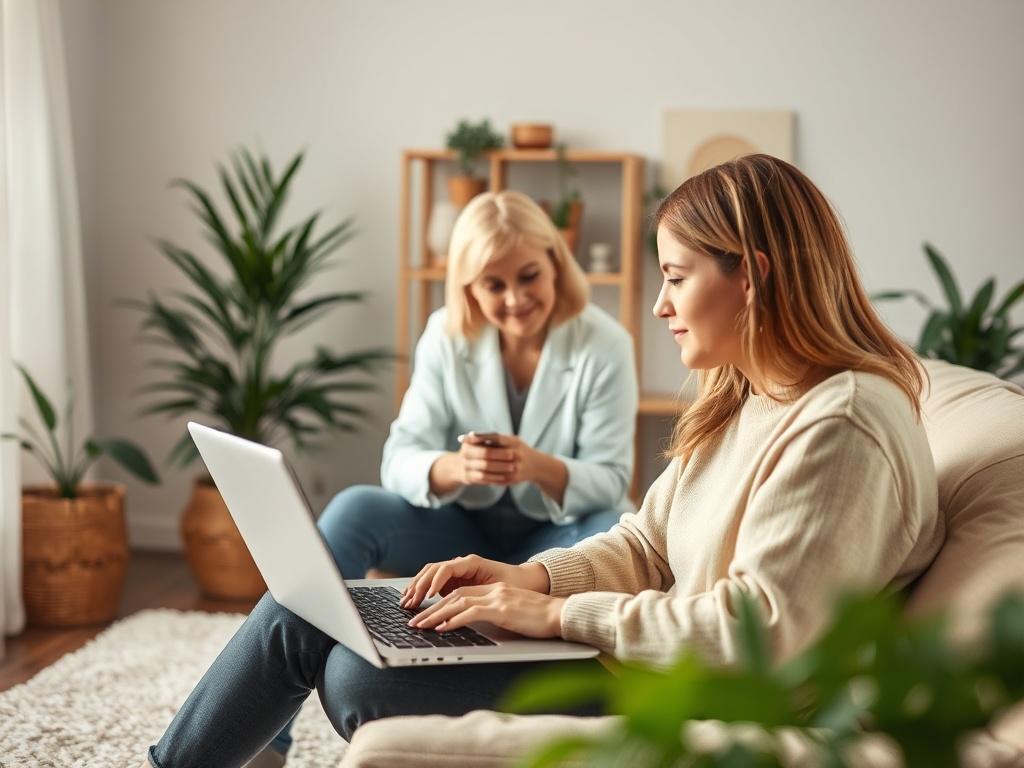 A serene online therapy session featuring a compassionate counselor engaging