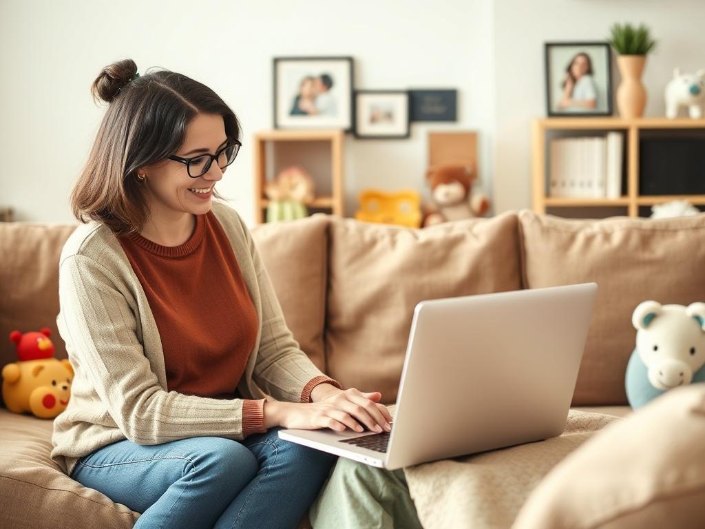 A caring parent sitting in a cozy living room, engaging