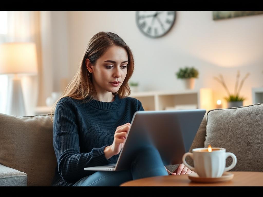 A focused woman in a comfortable home setting, participating in