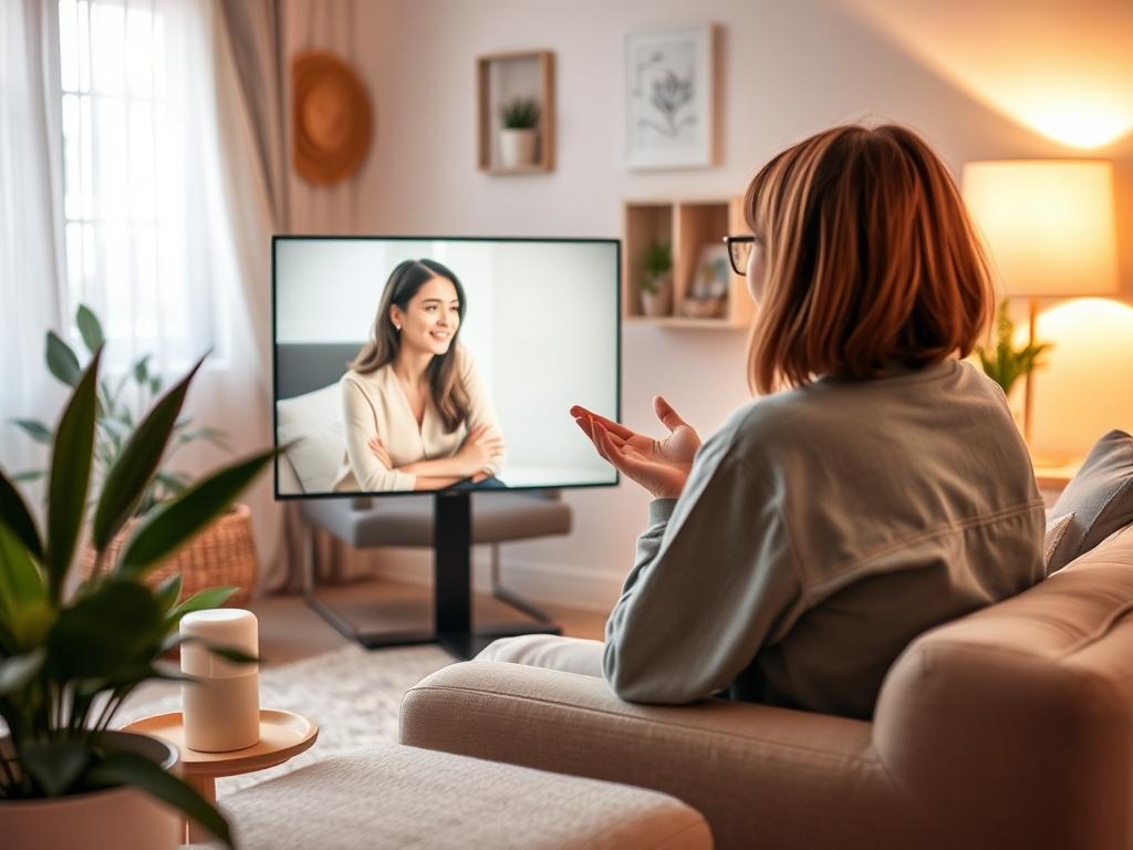 A serene virtual counseling session in a cozy, softly lit