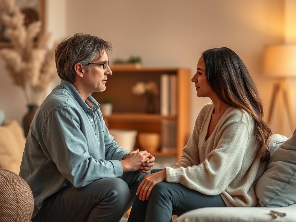 A virtual therapy session set in a tranquil, inviting space,