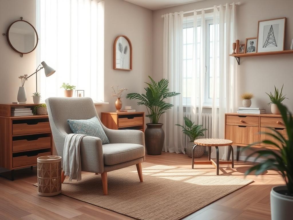 A serene, high resolution image of a therapist's cozy office