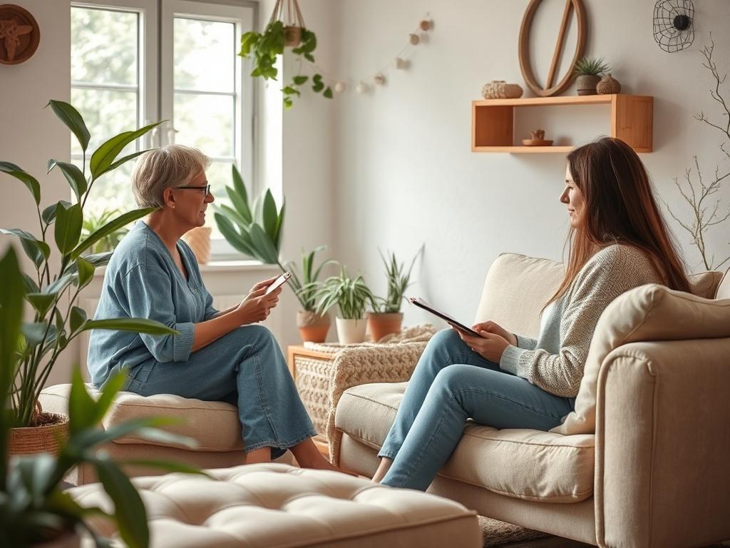 A serene evaluation setting with a therapist conducting an assessment with a client. The therapist is attentively listening while writing notes, with a comforting atmosphere filled with plants and natural light. A soft, plush couch adds to the cozy environment, symbolizing support and safety.