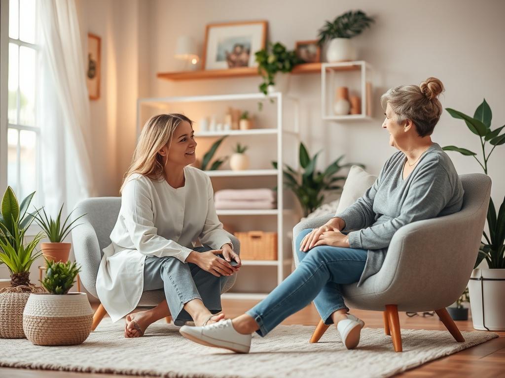 A serene therapy session with a comforting atmosphere, featuring a