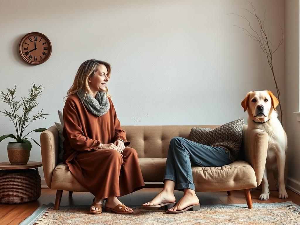 A calm therapy session taking place online, featuring a therapist and a client discussing emotional support animals with a supportive atmosphere. The therapist is warm and inviting, with a cozy home office background, and a dog can be seen in the corner to symbolize emotional support. Natural tones and earthy textures create a grounded aesthetic.
