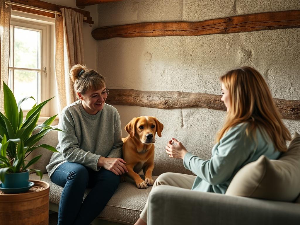 A comforting online therapy session where a therapist is engaging with a client discussing their experiences with an Emotional Support Animal. The setting is warm and inviting, with soft lighting, and the client has a pet nearby, conveying the bond shared. The image reflects a sense of understanding and care.