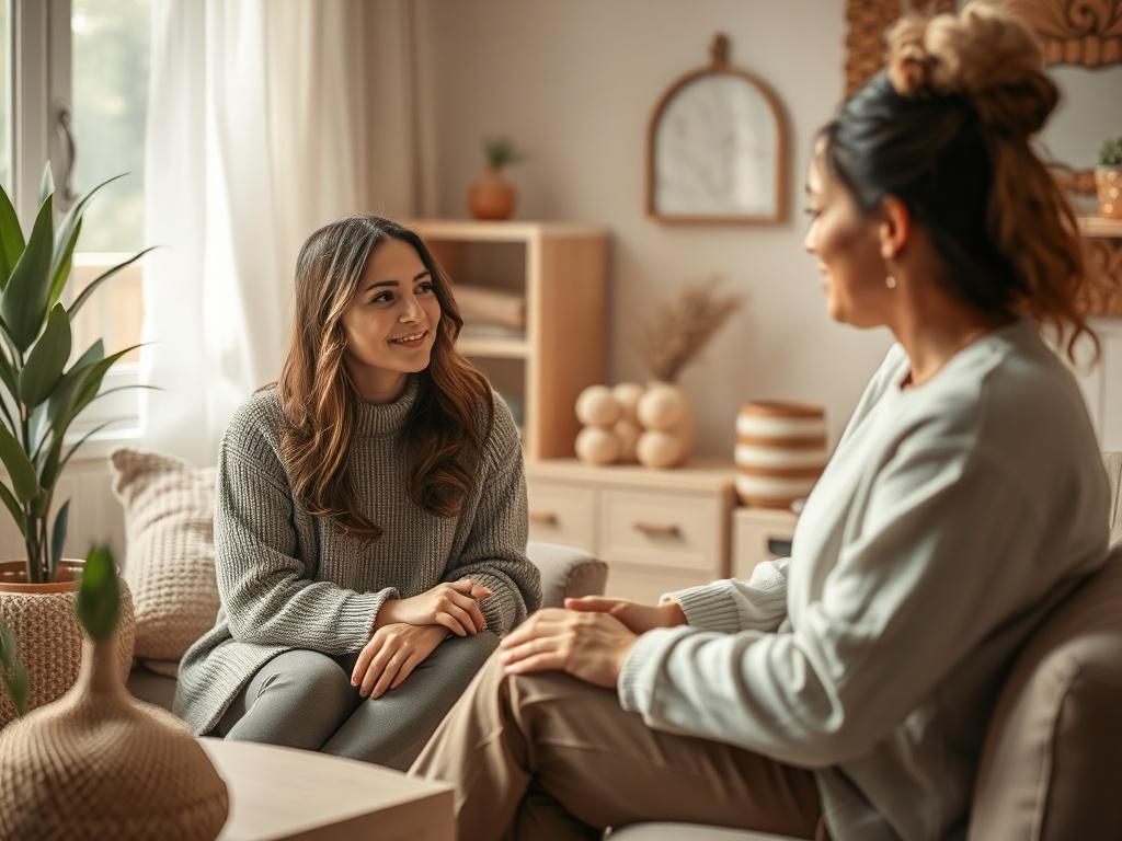 A warm and inviting therapy setting with a therapist guiding