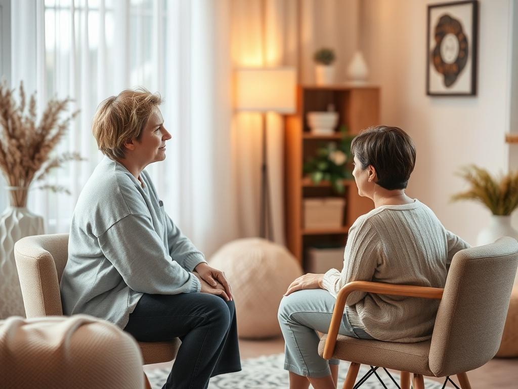 An intimate therapy session with a calm atmosphere  A