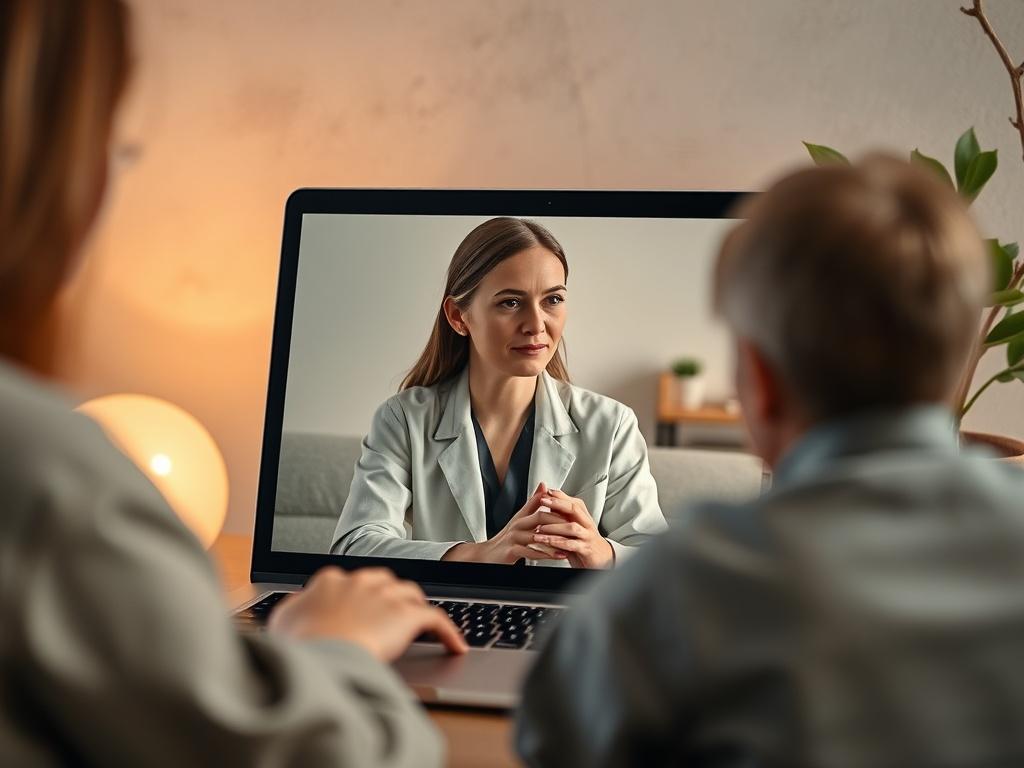 A close-up shot of a therapist on a laptop screen, engaged in a warm conversation with a client. The background features soft, calming colors and a plant, emphasizing a professional yet inviting virtual counseling atmosphere. The therapist appears empathetic and attentive, showcasing the essence of supportive online therapy.