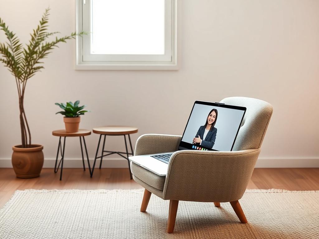 A serene home office setup with a laptop open, displaying a virtual therapy session on the screen. Soft, natural light filters through a window, illuminating a comfortable chair and a small table with a plant. The background is minimalistic, creating a calming atmosphere that conveys the essence of virtual therapy and accessibility.